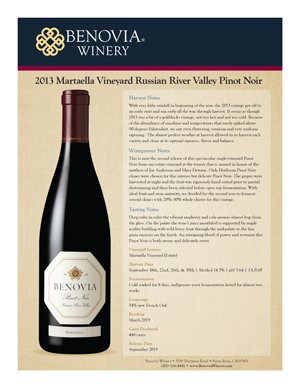 image: Benovia Winery Spring 2015 Pinot Noir Product Sheet