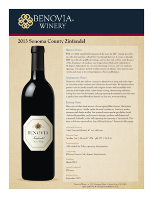 image: Benovia Winery Spring 2015 Zinfandel Product Sheet